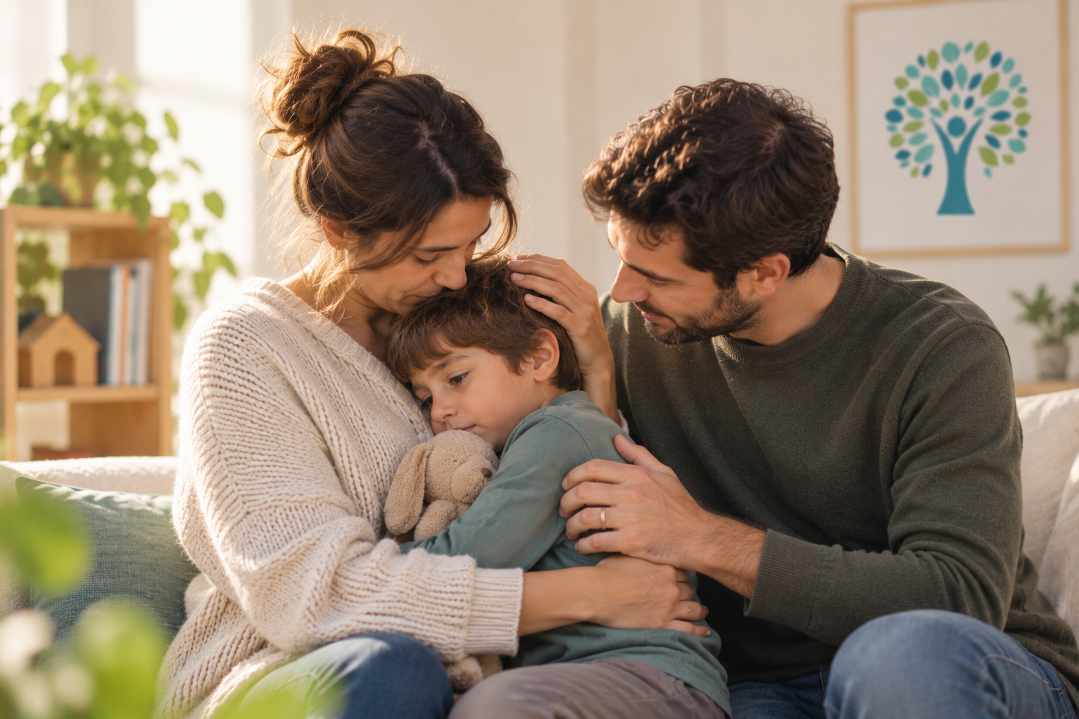 Familia acompañando emocionalmente a un niño