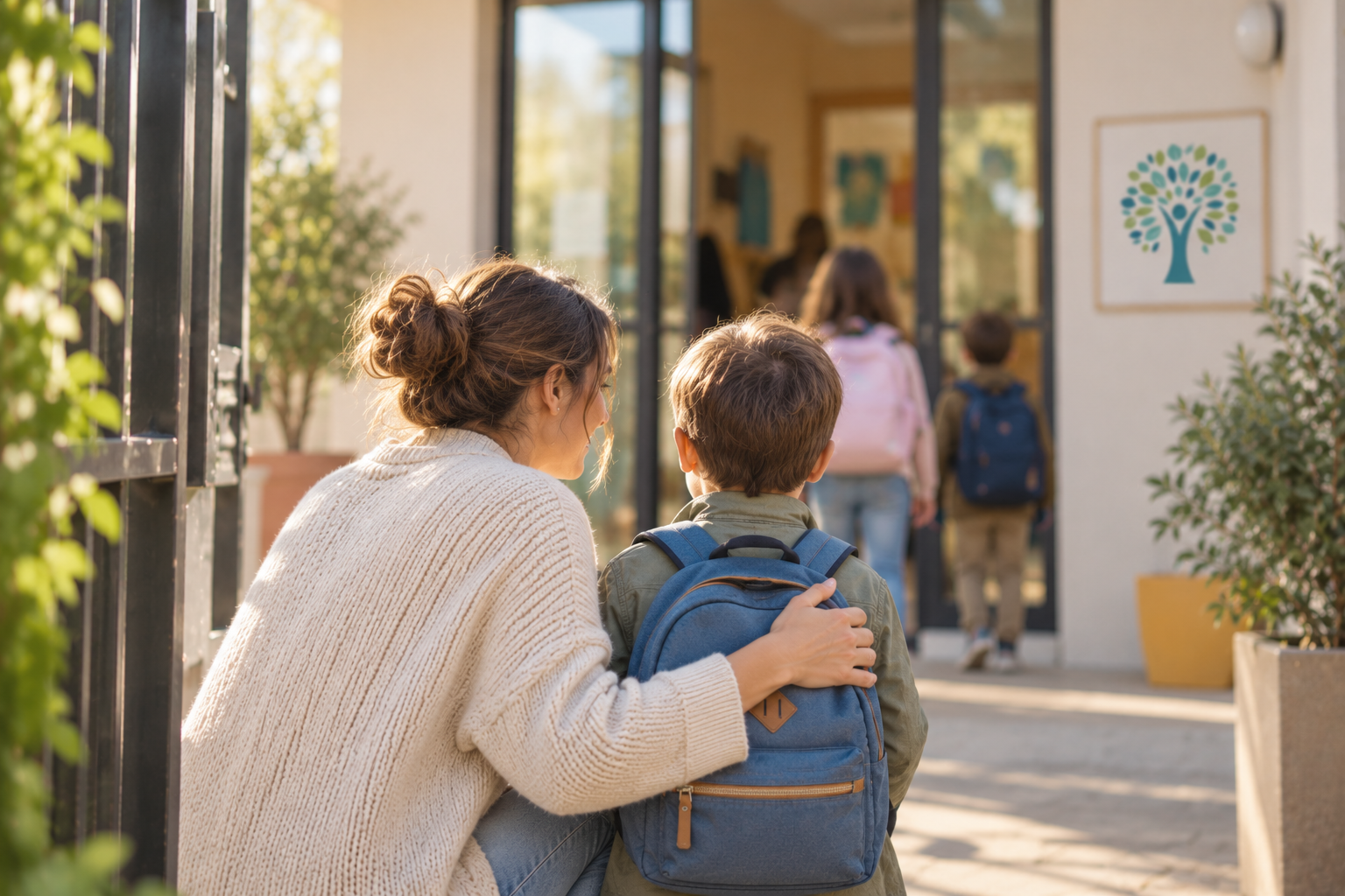 Madre acompañando a su hijo en la entrada del colegio