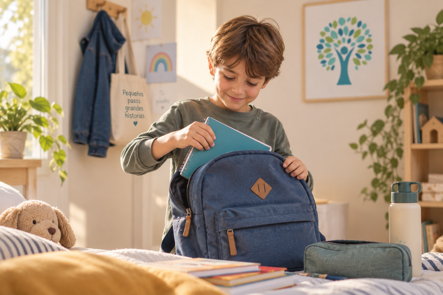 Niño preparando su mochila para volver al colegio